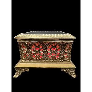 Antique Gold Tone Filigree, Glass Topped Jewelry/ Trinket Box